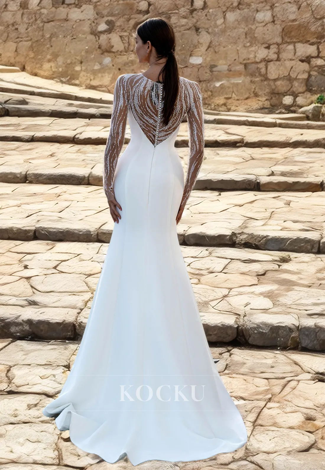 Scoop Neck Long Sleeves Sheath Sweep train Satin Beach Wedding Dress Boho Gowns with Beads