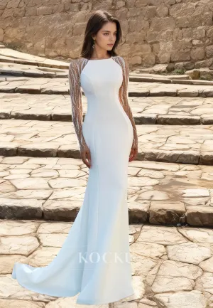 Scoop Neck Long Sleeves Sheath Sweep train Satin Beach Wedding Dress Boho Gowns with Beads