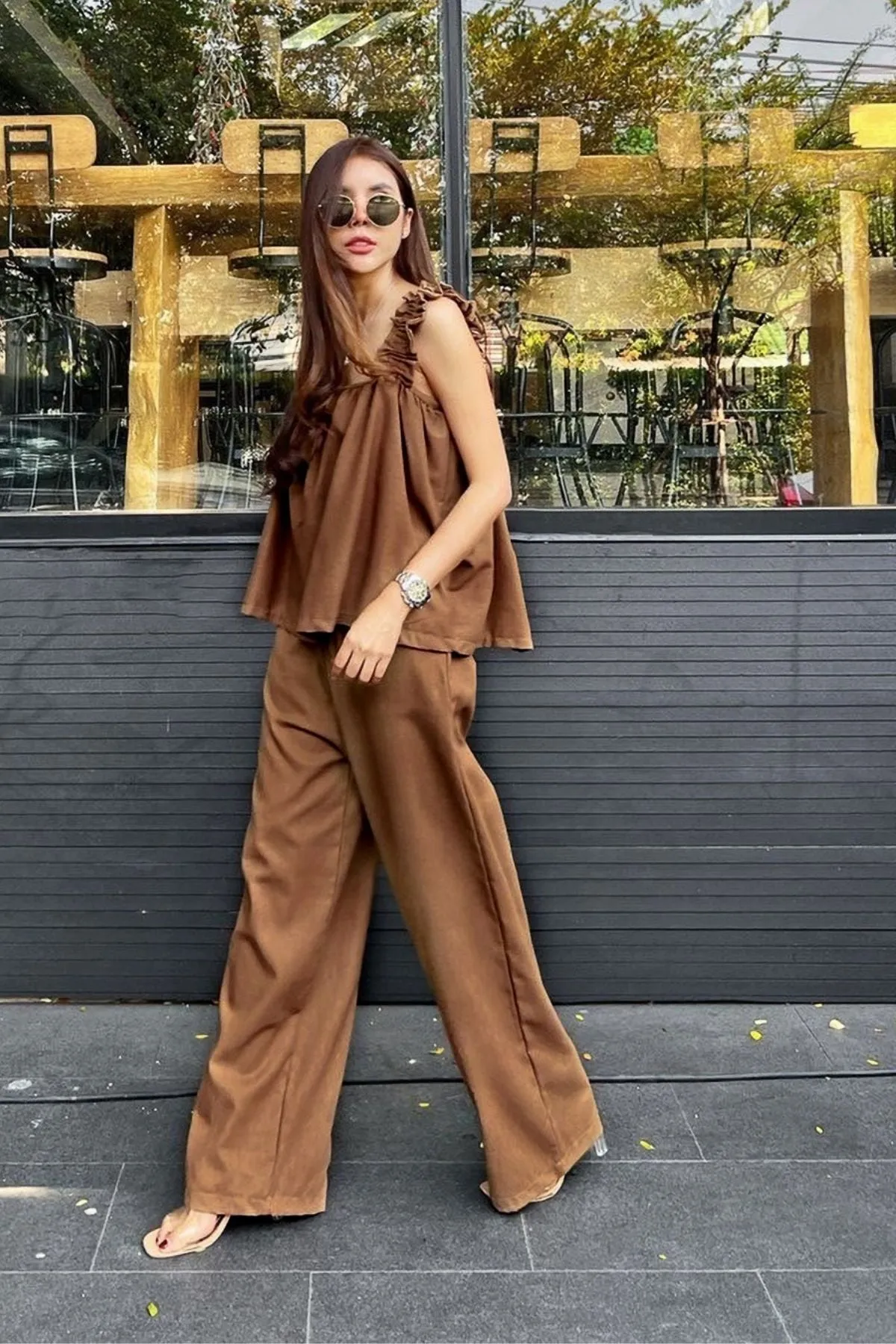 SHELBY Square-Neck Sleeveless Top & Pants Co-ord (Mocha)