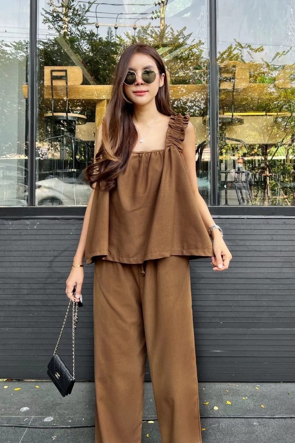 SHELBY Square-Neck Sleeveless Top & Pants Co-ord (Mocha)