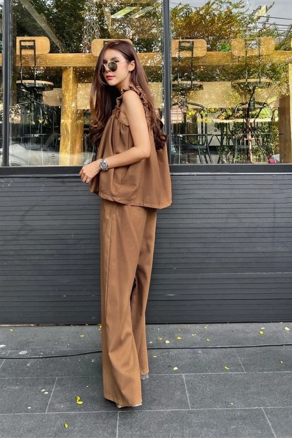 SHELBY Square-Neck Sleeveless Top & Pants Co-ord (Mocha)