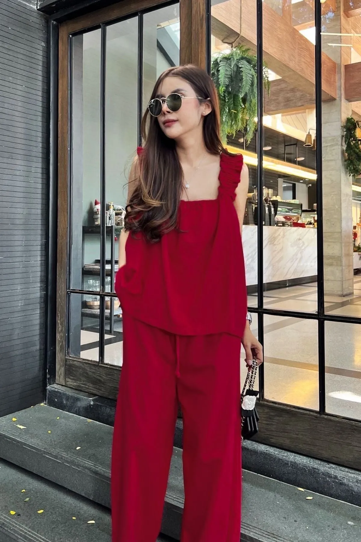 SHELBY Square-Neck Sleeveless Top & Pants Co-ord (Red)
