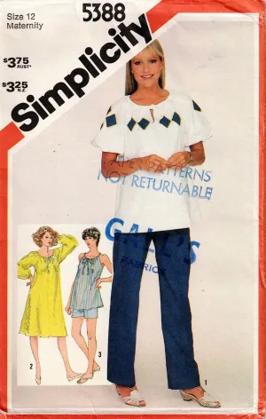 Simplicity 5388 Womens Maternity Peasant Style Dress Top and Pants or Shorts 1980s Vintage Sewing Pattern Size 12 Bust 34 inches UNCUT Factory Folded