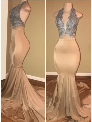 Sleeveless Mermaid Lace halter prom dresses