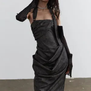 Smoked Ink Dyed PU Leather Halter Strapless Dress