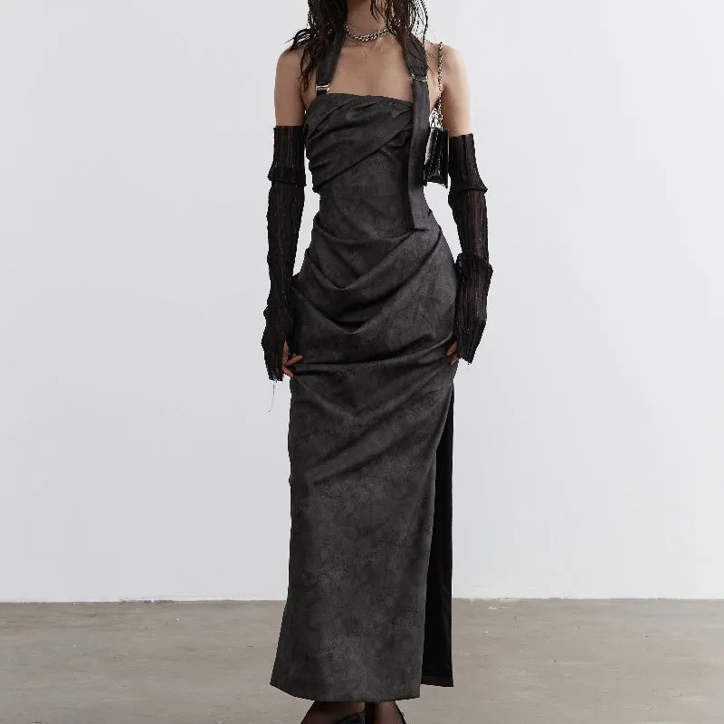 Smoked Ink Dyed PU Leather Halter Strapless Dress