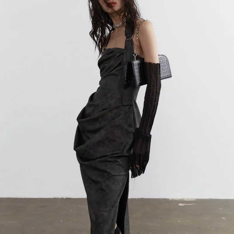 Smoked Ink Dyed PU Leather Halter Strapless Dress