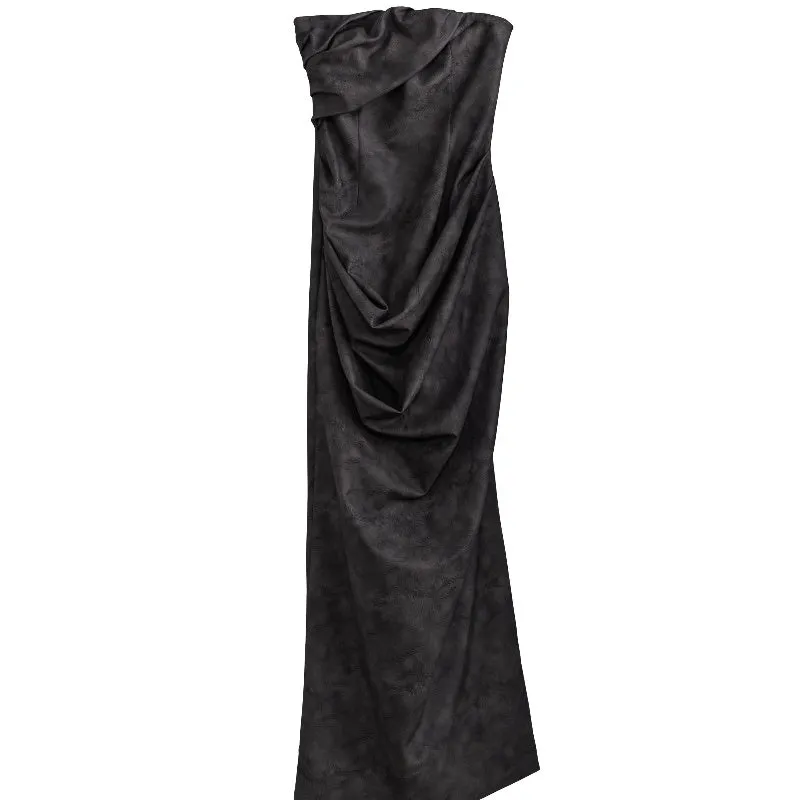 Smoked Ink Dyed PU Leather Halter Strapless Dress