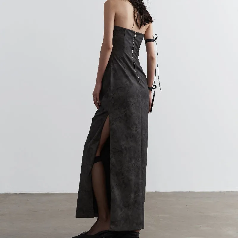 Smoked Ink Dyed PU Leather Halter Strapless Dress
