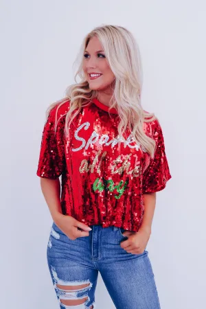 Sparkle All The Way Sequin Crop Top - Red