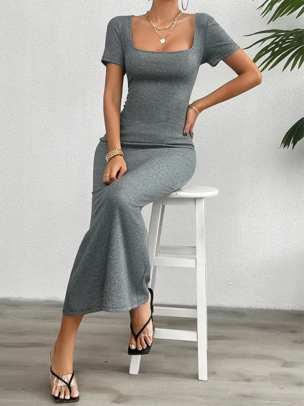 Square Neckline Bodycon Maxi Dress with Short Sleeves