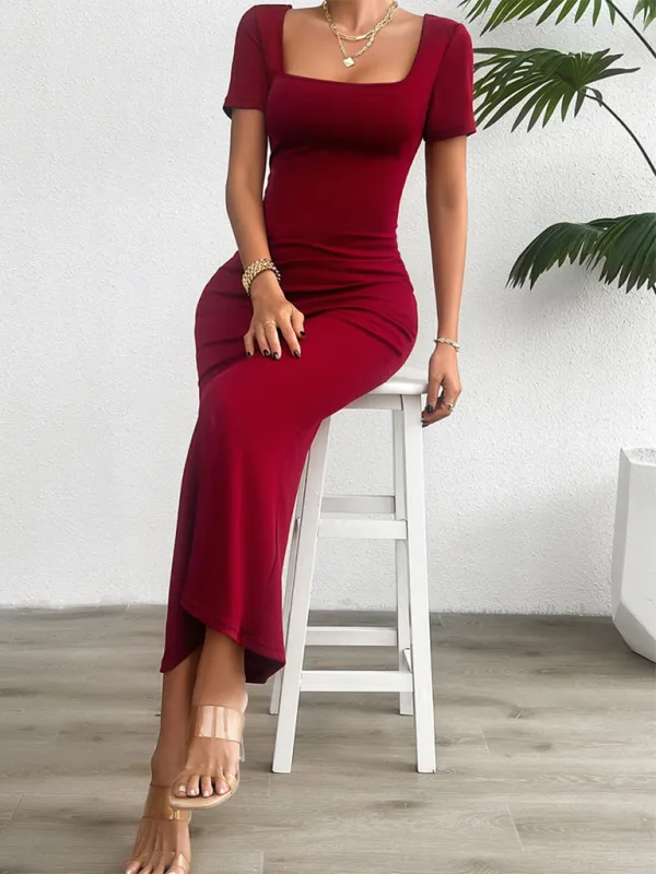 Square Neckline Bodycon Maxi Dress with Short Sleeves