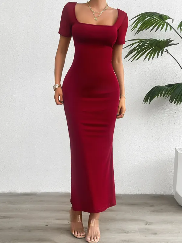 Square Neckline Bodycon Maxi Dress with Short Sleeves