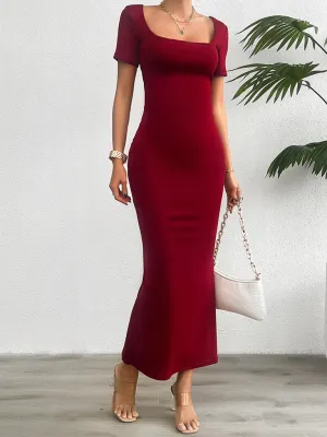 Square Neckline Bodycon Maxi Dress with Short Sleeves