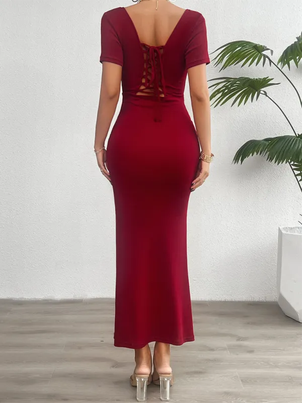 Square Neckline Bodycon Maxi Dress with Short Sleeves