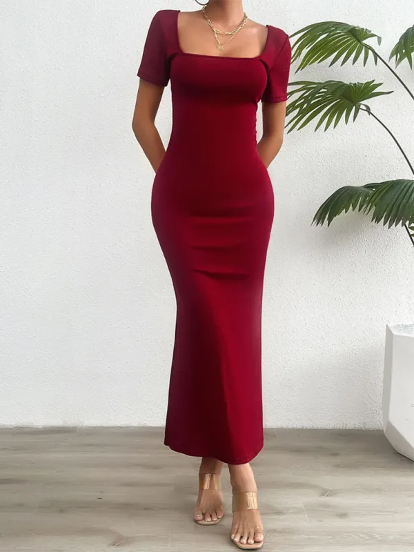 Square Neckline Bodycon Maxi Dress with Short Sleeves