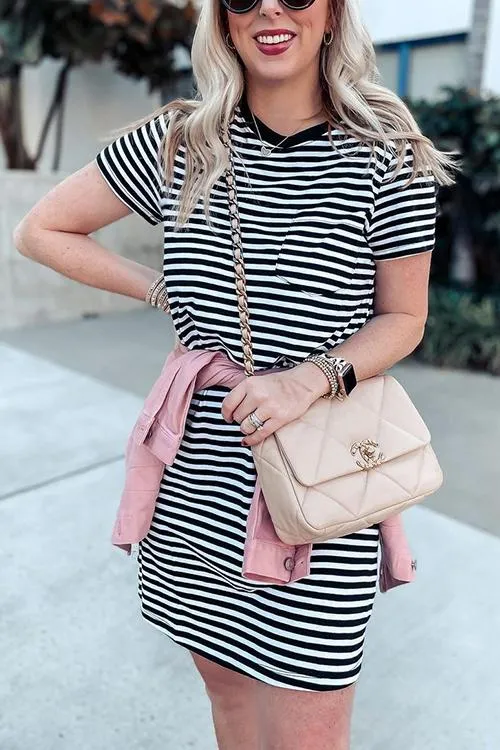 Stripe O Neck Short Sleeve Mini Dress