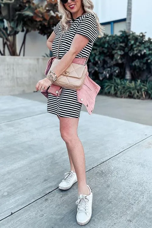 Stripe O Neck Short Sleeve Mini Dress