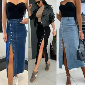 Summer Streetwear Solid Color Cotton Polyester Denim Midi Dress Skirts