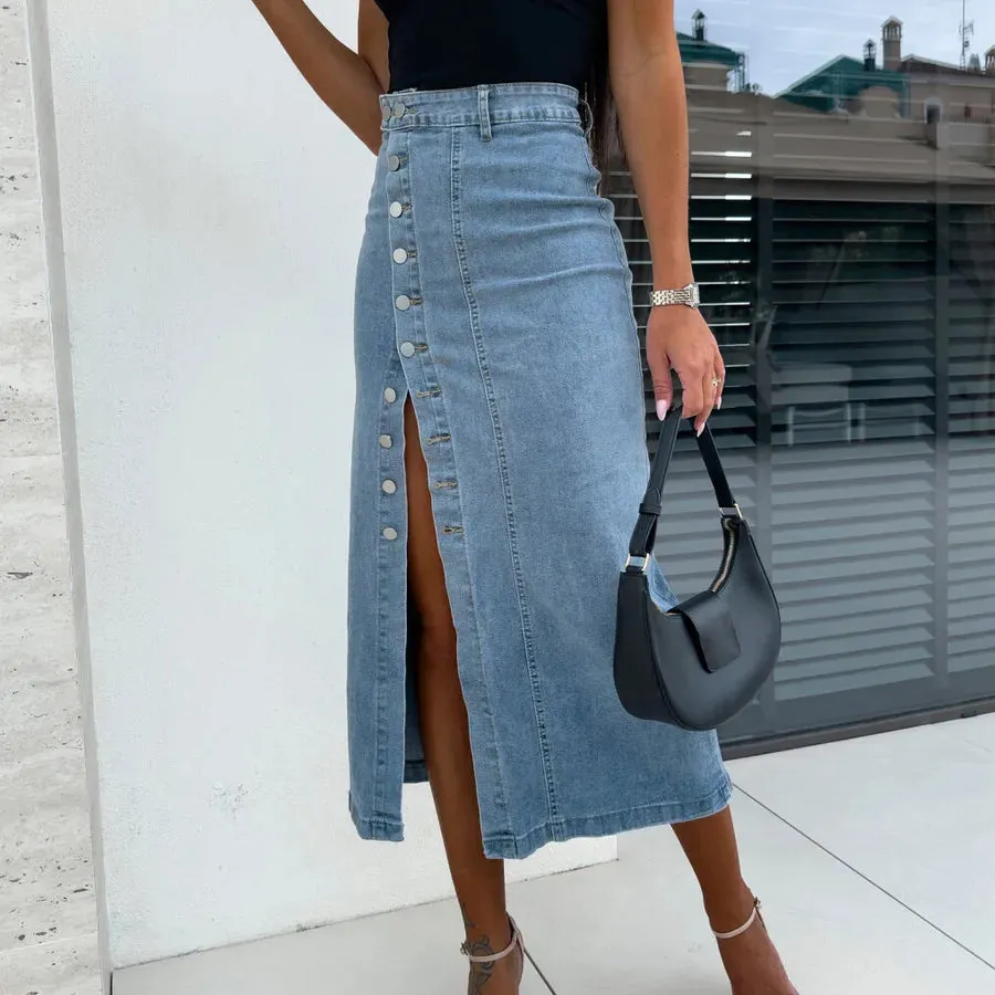 Summer Streetwear Solid Color Cotton Polyester Denim Midi Dress Skirts