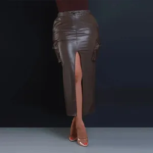 TAVIMART  -  Women Faux Leather Midi Skirts High Split Vintgae Stretch PU Cargo Skirts Pocket Brown Drawstring Waistband Long Skirts Custom