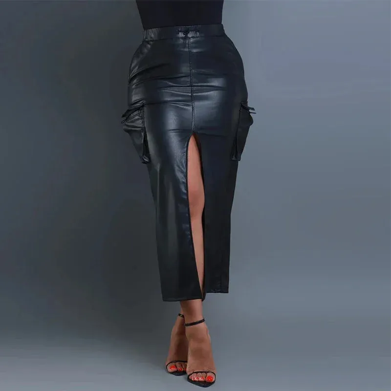 TAVIMART  -  Women Faux Leather Midi Skirts High Split Vintgae Stretch PU Cargo Skirts Pocket Brown Drawstring Waistband Long Skirts Custom