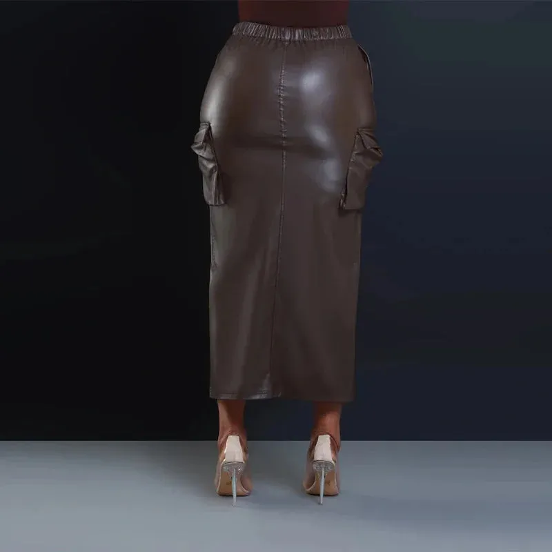 TAVIMART  -  Women Faux Leather Midi Skirts High Split Vintgae Stretch PU Cargo Skirts Pocket Brown Drawstring Waistband Long Skirts Custom