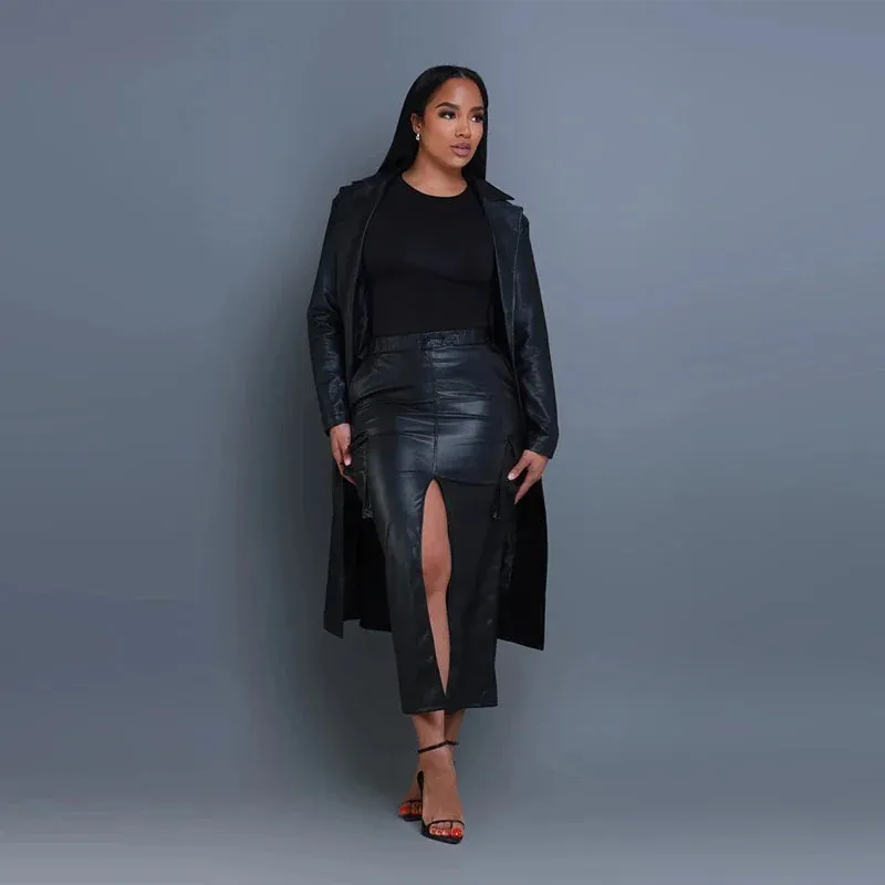 TAVIMART  -  Women Faux Leather Midi Skirts High Split Vintgae Stretch PU Cargo Skirts Pocket Brown Drawstring Waistband Long Skirts Custom
