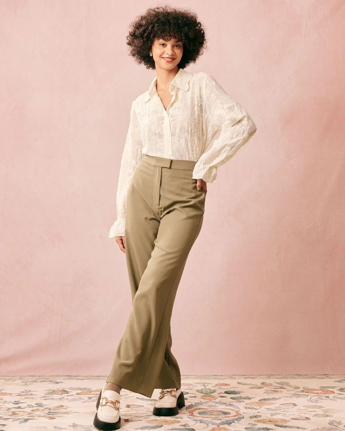 The Beige Lapel Embroidery Long Sleeve Blouse