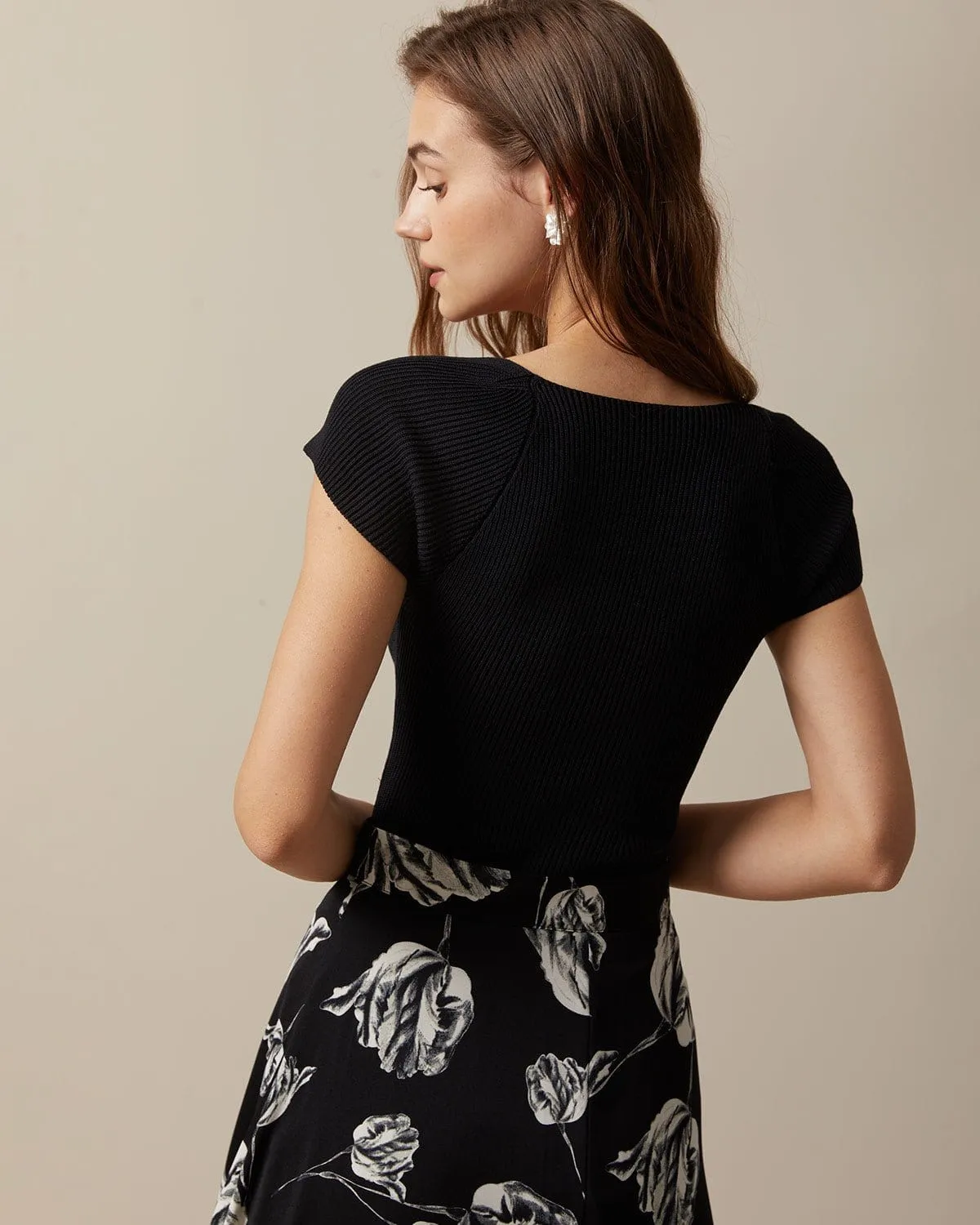 The Black Square Neck Short Sleeve Knit Top