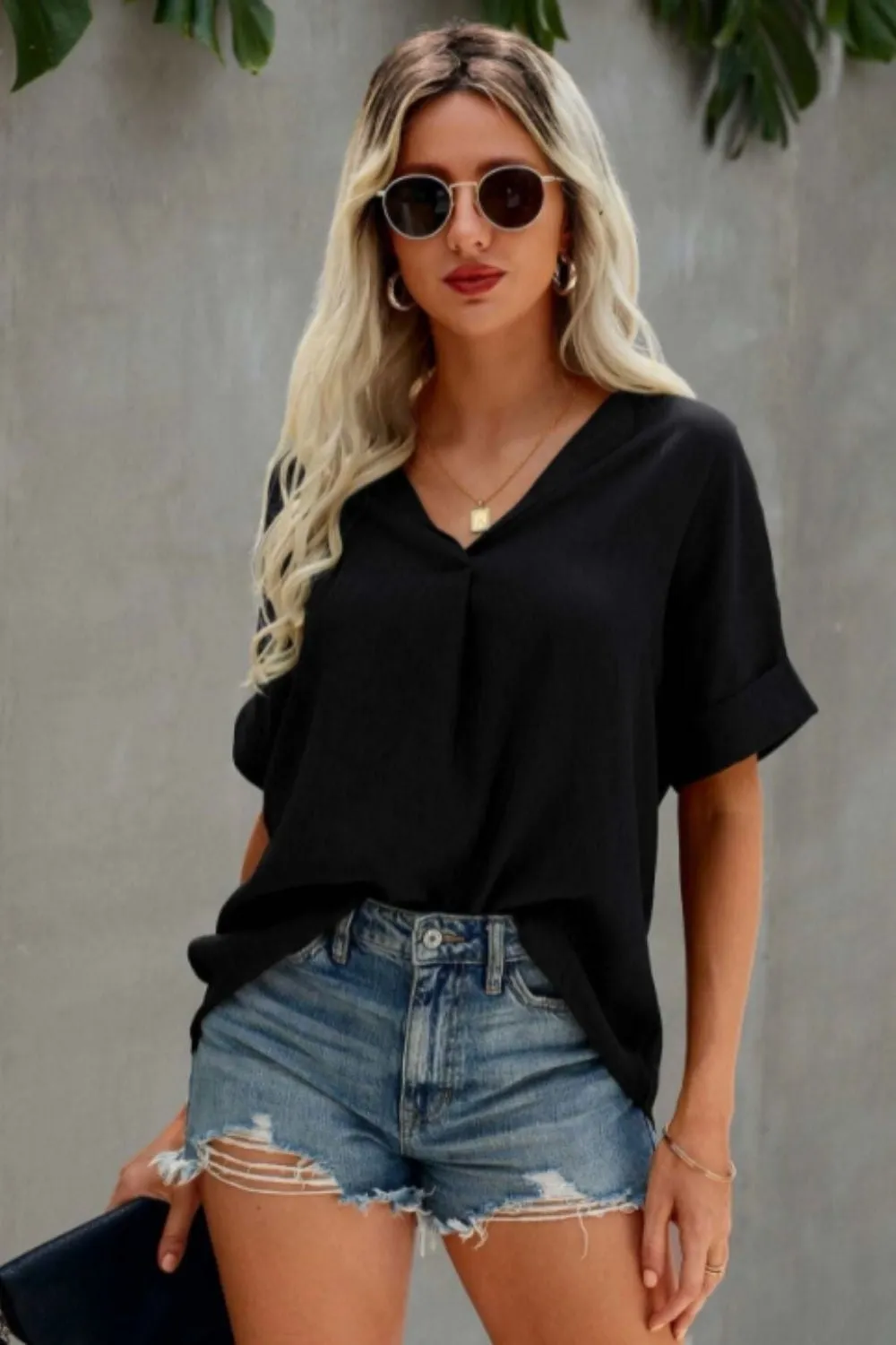 V Neck Curved Hem Blouse
