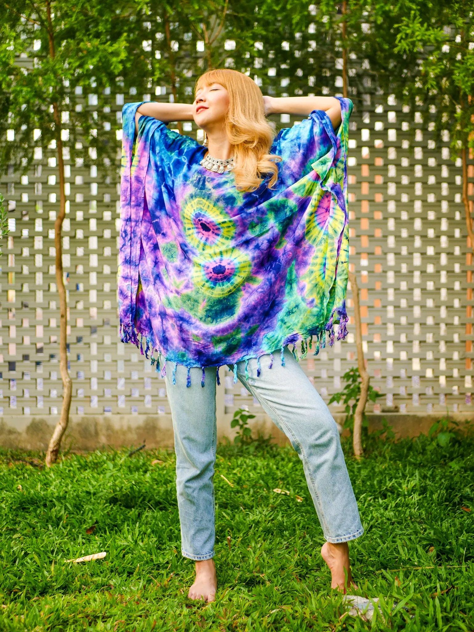 Vibrant Peacock Tie Dye Poncho Hand Dyed Tunic Kaftan Blouse Oversize Top