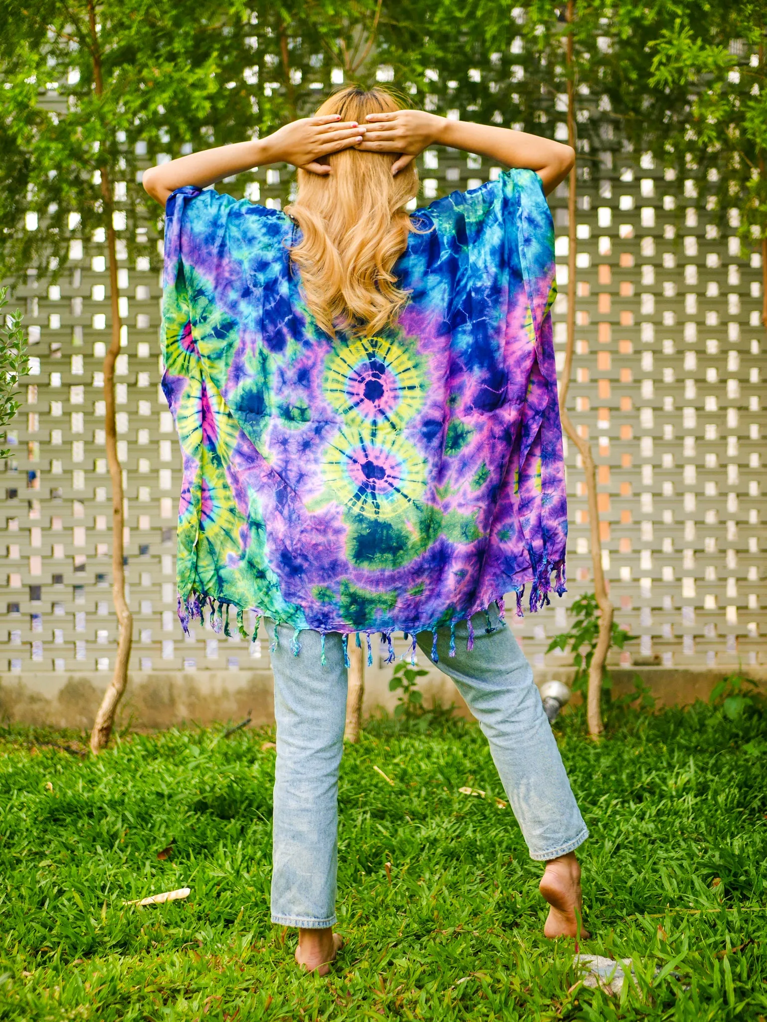 Vibrant Peacock Tie Dye Poncho Hand Dyed Tunic Kaftan Blouse Oversize Top