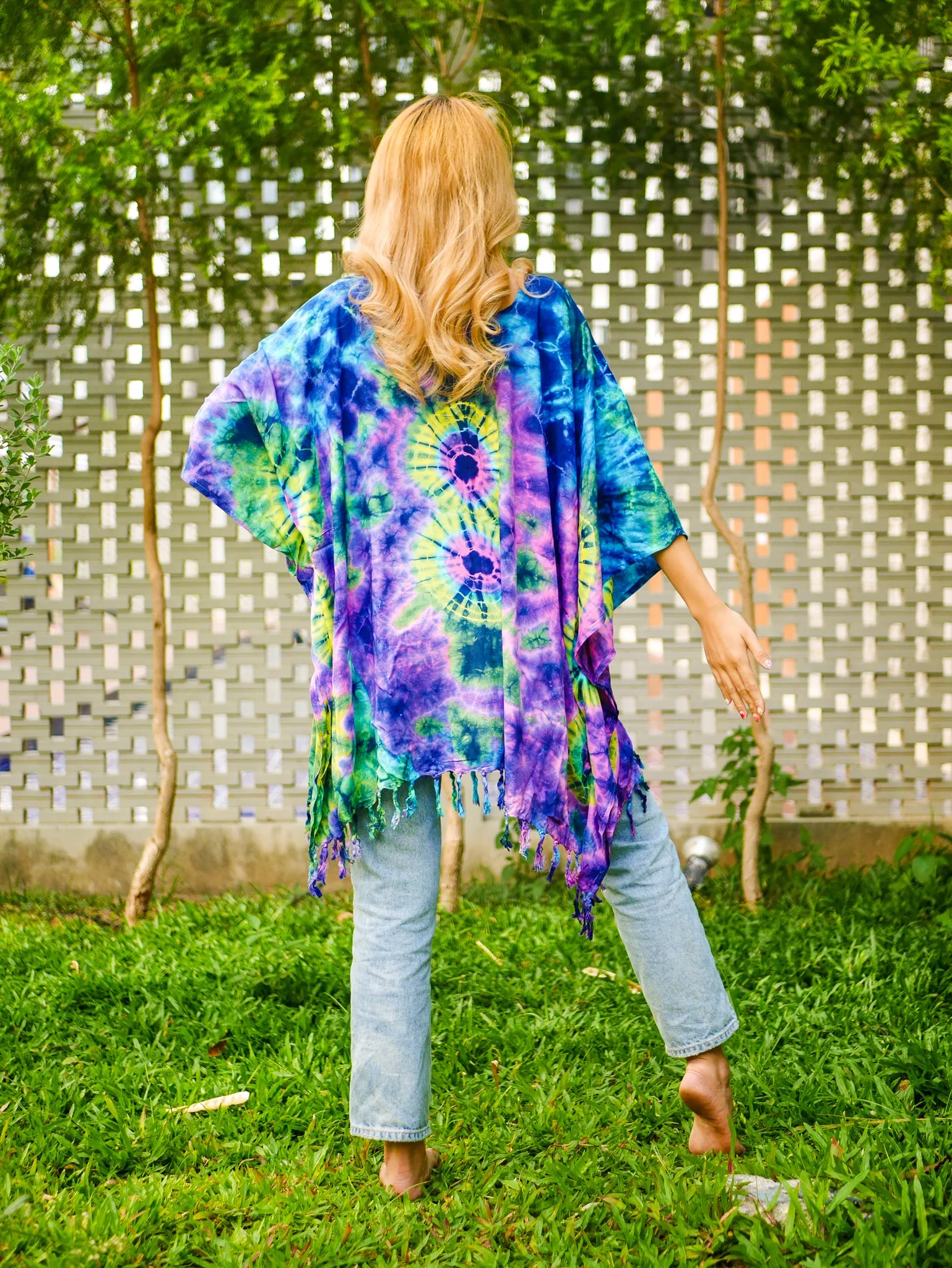 Vibrant Peacock Tie Dye Poncho Hand Dyed Tunic Kaftan Blouse Oversize Top