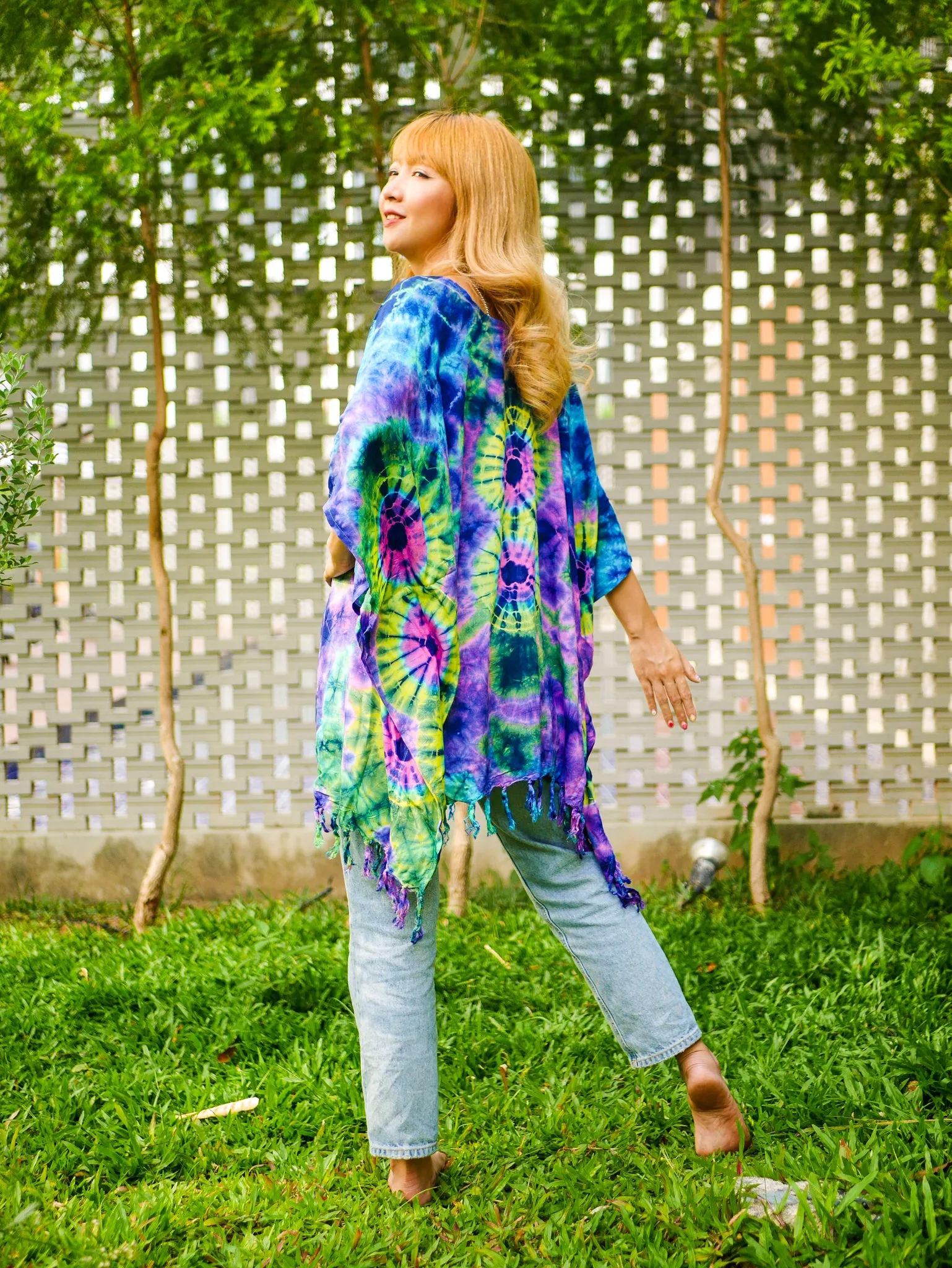 Vibrant Peacock Tie Dye Poncho Hand Dyed Tunic Kaftan Blouse Oversize Top