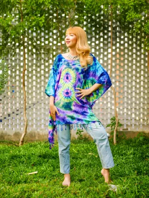 Vibrant Peacock Tie Dye Poncho Hand Dyed Tunic Kaftan Blouse Oversize Top