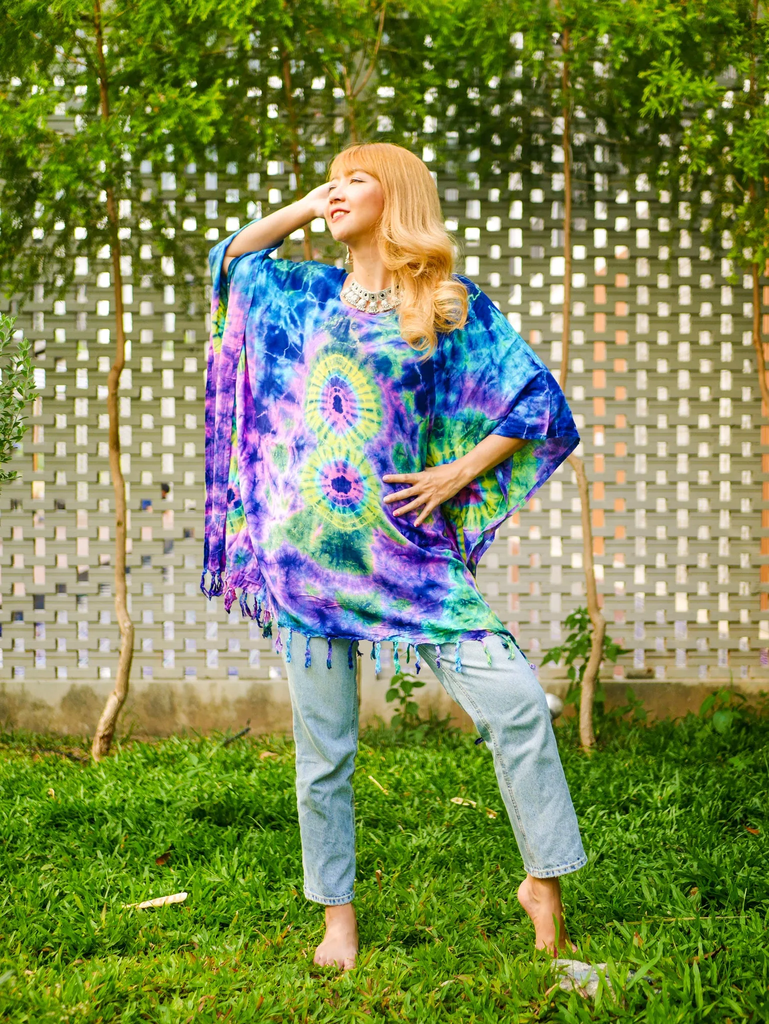 Vibrant Peacock Tie Dye Poncho Hand Dyed Tunic Kaftan Blouse Oversize Top