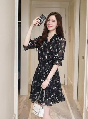 VINTAGE CHIFFON FLORAL BOHO SHIRT DRESS