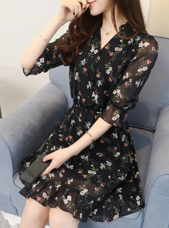 VINTAGE CHIFFON FLORAL BOHO SHIRT DRESS