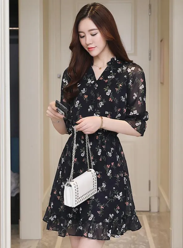 VINTAGE CHIFFON FLORAL BOHO SHIRT DRESS