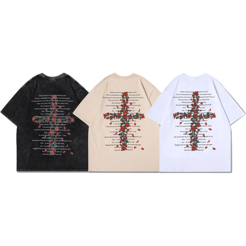 Vintage Cross Rose Print T-shirt