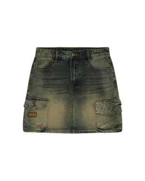 Washed denim cargo mini skirt