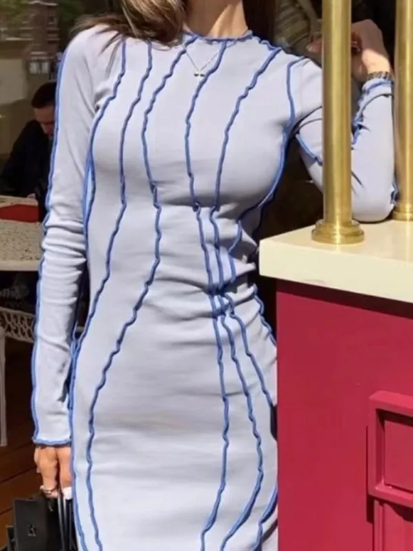 Wavy Striped Bodycon Midi Dress with Long Sleeves