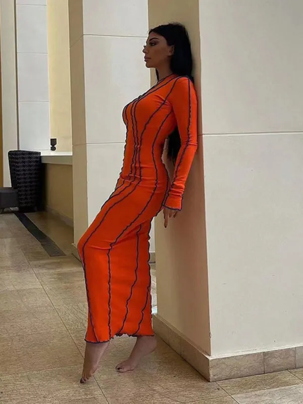 Wavy Striped Bodycon Midi Dress with Long Sleeves