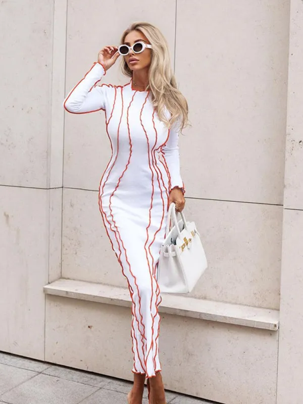 Wavy Striped Bodycon Midi Dress with Long Sleeves
