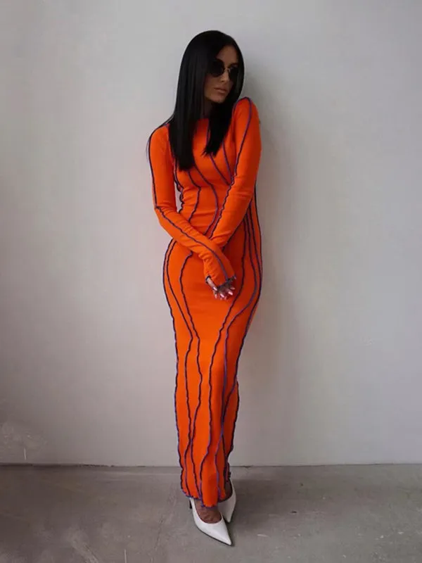 Wavy Striped Bodycon Midi Dress with Long Sleeves