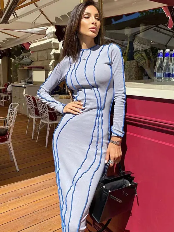 Wavy Striped Bodycon Midi Dress with Long Sleeves