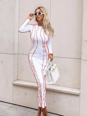 Wavy Striped Bodycon Midi Dress with Long Sleeves