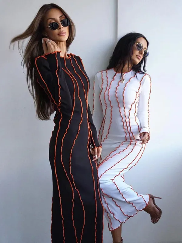 Wavy Striped Bodycon Midi Dress with Long Sleeves