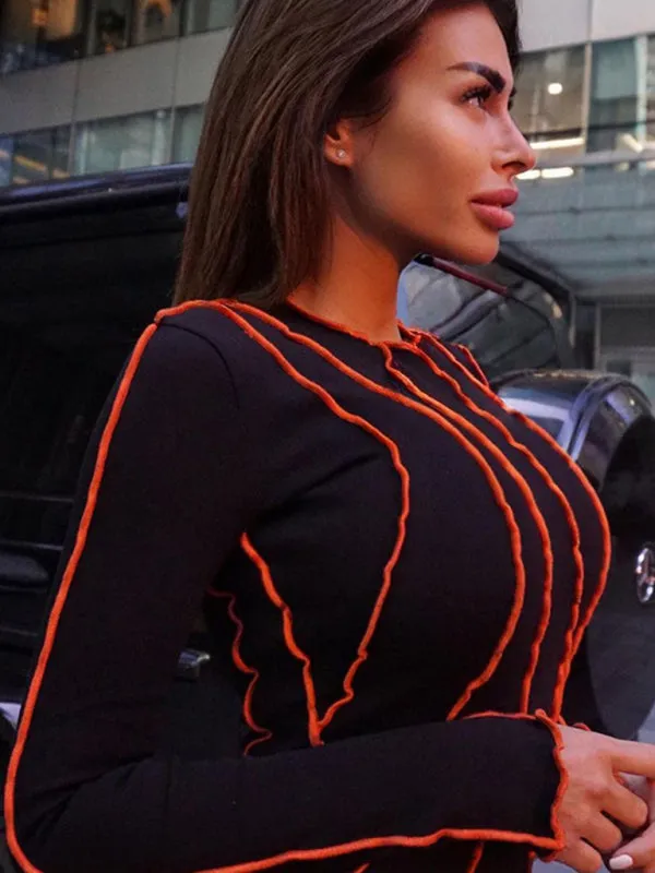 Wavy Striped Bodycon Midi Dress with Long Sleeves